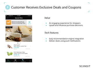 2 - Customer Receives Exclusive Deals and Coupons
Value
● An engaging experience for shoppers
● Upsell and influence purchase decisions
Tech Features
● Easy recommendation engine integration
● Deliver deals using push notifications
 