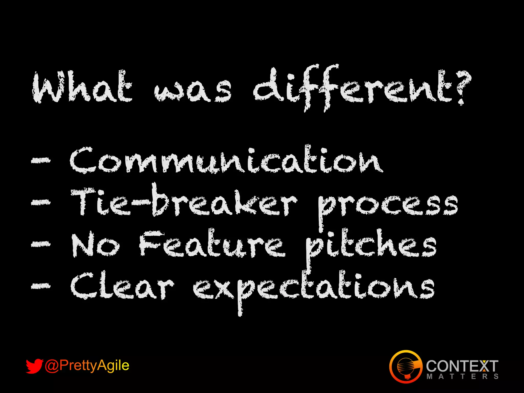 What was different?
- Communication
- Tie-breaker process
- No Feature pitches
- Clear expectations
 