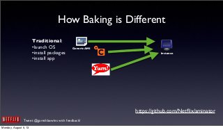 Tweet @garethbowles with feedback!
How Baking is Different
Generic AMI
Instance
Traditional:
•launch OS
•install packages
•install app
https://github.com/Netﬂix/aminator
Monday, August 5, 13
 