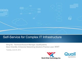 Slide Header…
QualiSystems Proprietary & Confidential
Tuesday, June 24, 2014
Self-Service for Complex IT Infrastructure
Wing Ho, Techinical Account Manager, QualiSystems
Dave Chandler, Enterprise Networking Solutions Practice Lead, WWT
 