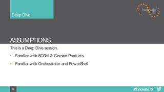 #Innovate1518
ASSUMPTIONS
This is a Deep Dive session.
• Familiar with SCSM & Cireson Products
• Familiar with Orchestrator and PowerShell
Deep Dive
 