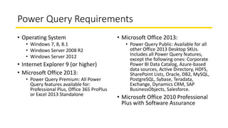 Power Query Requirements
• Operating System
• Windows 7, 8, 8.1
• Windows Server 2008 R2
• Windows Server 2012
• Internet ...
