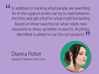 In addition to tracking what people are searching
for in the support center, we try to read between
the lines and get a feel for what might be lacking
based on those searches (or what needs new
keywords to show up better in search). Anything
identiﬁed is added to our Do.com projects.
”	
  
“	
  
Dianna Potter
Support Engineer, Desk.com
 