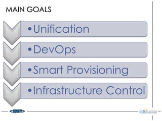 MAIN GOALS

    •Unification
    •DevOps
    •Smart Provisioning
    •Infrastructure Control
                          3
 