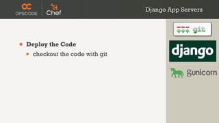 Django App Servers




•   Deploy the Code
    •   checkout the code with git
 