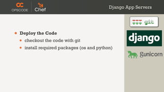 Django App Servers




•   Deploy the Code
    •   checkout the code with git
    •   install required packages (os and python)
 