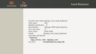 Load Balancer




% knife role show django_cms_load_balancer
chef_type:         role
default_attributes: {}
description:       Django CMS load balancer
env_run_lists:      {}
json_class:        Chef::Role
name:             django_cms_load_balancer
override_attributes:
  haproxy:
   app_server_role: django_cms
run_list:        recipe[haproxy::app_lb]
 