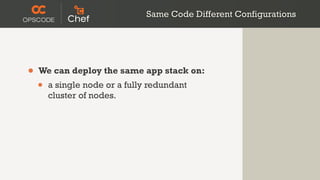 Same Code Different Configurations




•   We can deploy the same app stack on:
    •   a single node or a fully redundant
        cluster of nodes.
 