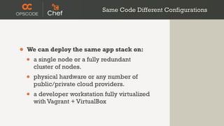 Same Code Different Configurations




•   We can deploy the same app stack on:
    •   a single node or a fully redundant
        cluster of nodes.
    •   physical hardware or any number of
        public/private cloud providers.
    •   a developer workstation fully virtualized
        with Vagrant + VirtualBox
 
