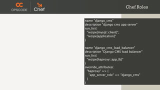 Chef Roles

name "django_cms"
description "django cms app server"
run_list(
  "recipe[mysql::client]",
  "recipe[application]"
)

name "django_cms_load_balancer"
description "Django CMS load balancer"
run_list(
  "recipe[haproxy::app_lb]"
)
override_attributes(
  "haproxy" => {
    "app_server_role" => "django_cms"
  }
)
 