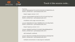 Track it like source code...

% git log
commit d640a8c6b370134d7043991894107d806595cc35
Author: jtimberman <joshua@opscode.com>

  Import nagios version 1.0.0

commit c40c818498710e78cf73c7f71e722e971fa574e7
Author: jtimberman <joshua@opscode.com>

  installation and usage instruction docs

commit 99d0efb024314de17888f6b359c14414fda7bb91
Author: jtimberman <joshua@opscode.com>

  Import haproxy version 1.0.1

commit c89d0975ad3f4b152426df219fee0bfb8eafb7e4
Author: jtimberman <joshua@opscode.com>

  add mediawiki cookbook

commit 89c0545cc03b9be26f1db246c9ba4ce9d58a6700
Author: jtimberman <joshua@opscode.com>

  multiple environments in data bag for mediawiki
 