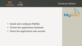 Database Master




•   Install and configure MySQL
•   Create the application database
•   Grant the application user access
 