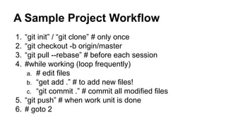 A Sample Project Workflow
1. “git init” / “git clone” # only once
2. “git checkout -b origin/master
3. “git pull --rebase” # before each session
4. #while working (loop frequently)
a. # edit files
b. “get add .” # to add new files!
c. “git commit .” # commit all modified files
5. “git push” # when work unit is done
6. # goto 2
 