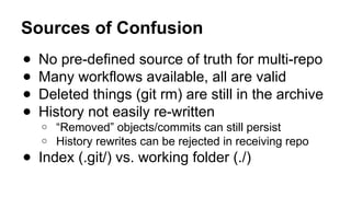 Sources of Confusion
● No pre-defined source of truth for multi-repo
● Many workflows available, all are valid
● Deleted things (git rm) are still in the archive
● History not easily re-written
o “Removed” objects/commits can still persist
o History rewrites can be rejected in receiving repo
● Index (.git/) vs. working folder (./)
 