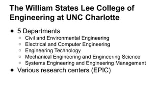 The William States Lee College of
Engineering at UNC Charlotte
● 5 Departments
o Civil and Environmental Engineering
o Electrical and Computer Engineering
o Engineering Technology
o Mechanical Engineering and Engineering Science
o Systems Engineering and Engineering Management
● Various research centers (EPIC)
 