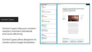 Content types help your content
creators maintain standards
and work efficiently.
Content types allow designers to
create custom page templates.
Content Types
 