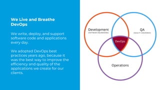 We Live and Breathe
DevOps
We write, deploy, and support
software code and applications
every day.
We adopted DevOps best
practices years ago, because it
was the best way to improve the
efficiency and quality of the
applications we create for our
clients.
 