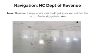 Navigation: NC Dept of Revenue
Issue: There were loops where user could get stuck and not find the
path to find and pay their taxes.
 
