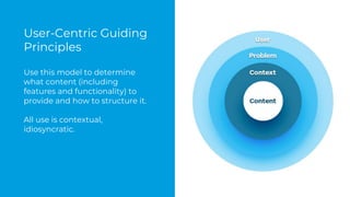 User-Centric Guiding
Principles
Use this model to determine
what content (including
features and functionality) to
provide and how to structure it.
All use is contextual,
idiosyncratic.
 