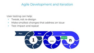 User testing can help:
+ Tweak, not re-design
+ Make smallest changes that address an issue
+ Test impact and repeat
Agile Development and Iteration
 