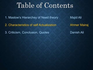 Table of Contents
1. Maslow’s Hierarchey of Need theory Majid Ali
2. Characteristics of self Actualization Ahmer Mairaj
3. Criticism, Conclusion, Quotes Danish Ali
 