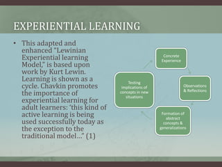 Experiential learningThis adapted and enhanced “Lewinian Experiential learning Model,” is based upon work by Kurt Lewin. Learning is shown as a cycle. Chavkin promotes the importance of experiential learning for adult learners: ‘this kind of active learning is being used successfully today as the exception to the traditional model…” (1)