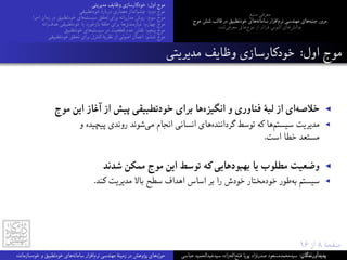 ‫ﻣﺪﯾﺮﯾﺘﯽ‬ ‫وﻇﺎﯾﻒ‬ ‫ﺧﻮدﮐﺎرﺳﺎزی‬ :‫اول‬ ‫ﻣﻮج‬
‫ﺧﻮدﺗﻄﺒﯿﻘﯽ‬ ‫درﺑﺎرۀ‬ ‫ﻣﻌﻤﺎری‬ ‫اﻧﺪاز‬‫ﭼﺸﻢ‬ :‫دوم‬ ‫ﻣﻮج‬
‫اﺟﺮا‬ ‫زﻣﺎن‬ ‫در‬ ‫ﺧﻮدﺗﻄﺒﯿﻖ‬ ‫ﻫﺎی‬‫ﺳﯿﺴﺘﻢ‬ ‫ﺗﺤﻘﻖ‬ ‫ﺑﺮای‬ ‫راﻧﻪ‬‫ﻣﺪل‬ ‫روش‬ :‫ﺳﻮم‬ ‫ﻣﻮج‬
‫راﻧﻪ‬‫ﻫﺪف‬ ‫ﺧﻮدﺗﻄﺒﯿﻘﯽ‬ ‫ﯾﺎ‬ ‫ﺑﺎزﺧﻮرد‬ ‫ﺣﻠﻘﮥ‬ ‫ﺑﺮای‬ ‫ﻫﺎ‬‫ﻧﯿﺎزﻣﻨﺪی‬ :‫ﭼﻬﺎرم‬ ‫ﻣﻮج‬
‫ﺧﻮدﺗﻄﺒﯿﻖ‬ ‫ﻫﺎی‬‫ﺳﯿﺴﺘﻢ‬ ‫در‬ ‫ﻗﻄﻌﯿﺖ‬ ‫ﻋﺪم‬ ‫ﻧﻘﺶ‬ :‫ﭘﻨﺠﻢ‬ ‫ﻣﻮج‬
‫ﺧﻮدﺗﻄﺒﯿﻘﯽ‬ ‫ﺗﺤﻘﻖ‬ ‫ﺑﺮای‬ ‫ﮐﻨﺘﺮل‬ ‫ﻧﻈﺮﯾﮥ‬ ‫از‬ ‫اﺻﻮﻟﯽ‬ ‫اﻋﻤﺎل‬ :‫ﺷﺸﻢ‬ ‫ﻣﻮج‬
‫ﻣﻨﺒﻊ‬ ‫ﻣﻌﺮﻓﯽ‬
‫ﻣﻮج‬ ‫ﺷﺶ‬ ‫ﻗﺎﻟﺐ‬ ‫در‬ ‫ﺧﻮدﺗﻄﺒﯿﻖ‬ ‫ﻫﺎی‬‫ﺳﺎﻣﺎﻧﻪ‬ ‫اﻓﺰار‬‫ﻧﺮم‬ ‫ﻣﻬﻨﺪﺳﯽ‬ ‫ﻫﺎی‬‫ﺟﻨﺒﻪ‬ ‫ﻣﺮور‬
‫ﺷﺪه‬‫ﻣﻌﺮﻓﯽ‬ ‫ﻫﺎی‬‫ﻣﻮج‬ ‫از‬ ‫ﻓﺮاﺗﺮ‬ ‫ﮐﻨﻮﻧﯽ‬ ‫ﻫﺎی‬‫ﭼﺎﻟﺶ‬
١۶ ‫از‬ ٨ ‫ﺻﻔﺤﮥ‬
‫ﻣﺪﯾﺮﯾﺘﯽ‬ ‫وﻇﺎﯾﻒ‬ ‫ﺧﻮدﮐﺎرﺳﺎزی‬ :‫اول‬ ‫ﻣﻮج‬
‫ﻣﻮج‬ ‫اﯾﻦ‬ ‫آﻏﺎز‬ ‫از‬ ‫ﭘﯿﺶ‬ ‫ﺧﻮدﺗﻄﺒﯿﻘﯽ‬ ‫ﺑﺮای‬ ‫ﻫﺎ‬‫اﻧﮕﯿﺰه‬ ‫و‬ ‫ﻓﻨﺎوری‬ ‫ﻟﺒﮥ‬ ‫از‬ ‫ای‬‫ﺧﻼﺻﻪ‬ ◀
‫و‬ ‫ﭘﯿﭽﯿﺪه‬ ‫روﻧﺪی‬ ‫ﺷﻮﻧﺪ‬‫ﻣﯽ‬ ‫اﻧﺠﺎم‬ ‫اﻧﺴﺎﻧﯽ‬ ‫ﻫﺎی‬‫ﮔﺮداﻧﻨﺪه‬ ‫ﺗﻮﺳﻂ‬ ‫ﮐﻪ‬ ‫ﻫﺎ‬‫ﺳﯿﺴﺘﻢ‬ ‫ﻣﺪﯾﺮﯾﺖ‬ ◀
.‫اﺳﺖ‬ ‫ﺧﻄﺎ‬ ‫ﻣﺴﺘﻌﺪ‬
‫ﺷﺪﻧﺪ‬ ‫ﻣﻤﮑﻦ‬ ‫ﻣﻮج‬ ‫اﯾﻦ‬ ‫ﺗﻮﺳﻂ‬ ‫ﮐﻪ‬ ‫ﺑﻬﺒﻮدﻫﺎﯾﯽ‬ ‫ﯾﺎ‬ ‫ﻣﻄﻠﻮب‬ ‫وﺿﻌﯿﺖ‬ ◀
.‫ﮐﻨﺪ‬ ‫ﻣﺪﯾﺮﯾﺖ‬ ‫ﺑﺎﻻ‬ ‫ﺳﻄﺢ‬ ‫اﻫﺪاف‬ ‫اﺳﺎس‬ ‫ﺑﺮ‬ ‫را‬ ‫ﺧﻮدش‬ ‫ﺧﻮدﻣﺨﺘﺎر‬ ‫ﻃﻮر‬‫ﺑﻪ‬ ‫ﺳﯿﺴﺘﻢ‬ ◀
‫ﺧﻮدﺳﺎزﻣﺎﻧﺪه‬ ‫و‬ ‫ﺧﻮدﺗﻄﺒﯿﻖ‬ ‫ﻫﺎی‬‫ﺳﺎﻣﺎﻧﻪ‬ ‫اﻓﺰار‬‫ﻧﺮم‬ ‫ﻣﻬﻨﺪﺳﯽ‬ ‫زﻣﯿﻨﮥ‬ ‫در‬ ‫ﭘﮋوﻫﺶ‬ ‫ﻫﺎی‬‫ﺣﻮزه‬ ‫ﻋﺒﺎﺳﯽ‬ ‫ﺳﯿﺪﻋﺒﺪاﻟﺤﻤﯿﺪ‬ ‫زاده‬‫ﻪ‬‫اﻟ‬‫ﻓﺘﺢ‬ ‫ﭘﻮﯾﺎ‬ ‫ﺻﺪرﻧﮋاد‬ ‫ﺳﯿﺪﻣﺤﻤﺪﻣﺴﻌﻮد‬ :‫ﭘﺪﯾﺪآورﻧﺪﮔﺎن‬
 