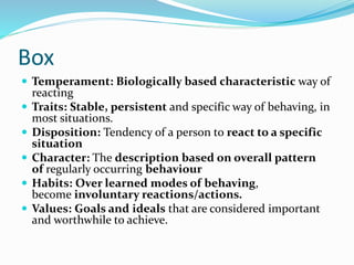 Box
 Temperament: Biologically based characteristic way of
reacting
 Traits: Stable, persistent and specific way of behaving, in
most situations.
 Disposition: Tendency of a person to react to a specific
situation
 Character: The description based on overall pattern
of regularly occurring behaviour
 Habits: Over learned modes of behaving,
become involuntary reactions/actions.
 Values: Goals and ideals that are considered important
and worthwhile to achieve.
 