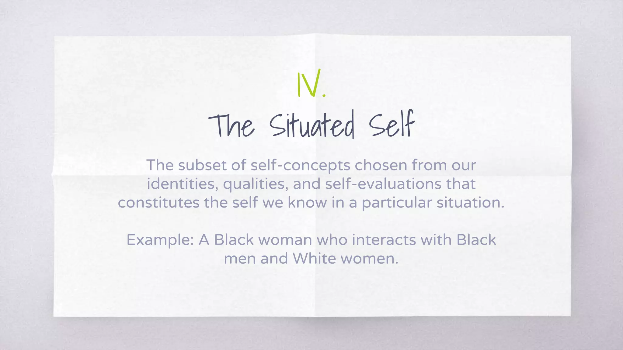 1V.
The Situated Self
The subset of self-concepts chosen from our
identities, qualities, and self-evaluations that
constitutes the self we know in a particular situation.
Example: A Black woman who interacts with Black
men and White women.
 