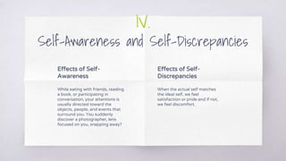 IV.
Self-Awareness and Self-Discrepancies
Effects of Self-
Awareness
While eating with friends, reading
a book, or participating in
conversation, your attentions is
usually directed toward the
objects, people, and events that
surround you. You suddenly
discover a photographer, lens
focused on you, snapping away?
Effects of Self-
Discrepancies
When the actual self matches
the ideal self, we feel
satisfaction or pride and if not,
we feel discomfort.
 