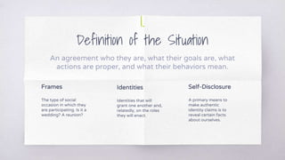 1.
Definition of the Situation
An agreement who they are, what their goals are, what
actions are proper, and what their behaviors mean.
Frames
The type of social
occasion in which they
are participating. Is it a
wedding? A reunion?
Identities
Identities that will
grant one another and,
relatedly, on the roles
they will enact.
Self-Disclosure
A primary means to
make authentic
identity claims is to
reveal certain facts
about ourselves.
 