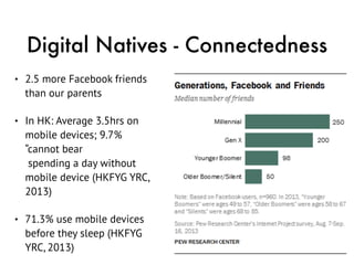 Digital Natives - Connectedness
• 2.5 more Facebook friends
than our parents
• In HK: Average 3.5hrs on
mobile devices; 9....