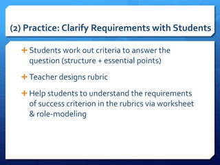 (2) Practice: Clarify Requirements with Students
 Students work out criteria to answer the
question (structure + essential points)
 Teacher designs rubric
 Help students to understand the requirements
of success criterion in the rubrics via worksheet
& role-modeling
 