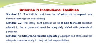Criterion 7: Institutional Facilities
Standard 7.1: The institute must have the infrastructure to support new
trends in learning such as e-learning.
Standard 7.2: The library must possess an up-to-date technical collection
relevant to the program and must be adequately staffed with professional
personnel.
Standard 7.3: Classrooms must be adequately equipped and offices must be
adequate to enable faculty to carry out their responsibilities.
 