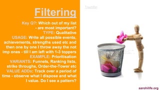Filtering 
Key Q?: Which out of my list 
- are most important? 
TYPE: Qualitative 
USAGE: Write all possible events, 
achi...