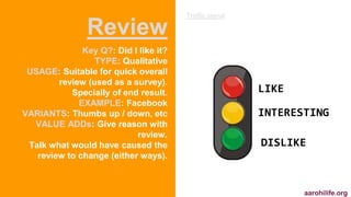 Review 
Key Q?: Did I like it? 
TYPE: Qualitative 
USAGE: Suitable for quick overall 
review (used as a survey). 
Speciall...