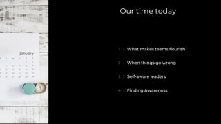Our time today
1 What makes teams flourish
2 When things go wrong
3 Self-aware leaders
4 Finding Awareness
 