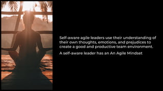 A self-aware leader has an An Agile Mindset
Self-aware agile leaders use their understanding of
their own thoughts, emotions, and prejudices to
create a good and productive team environment.
 