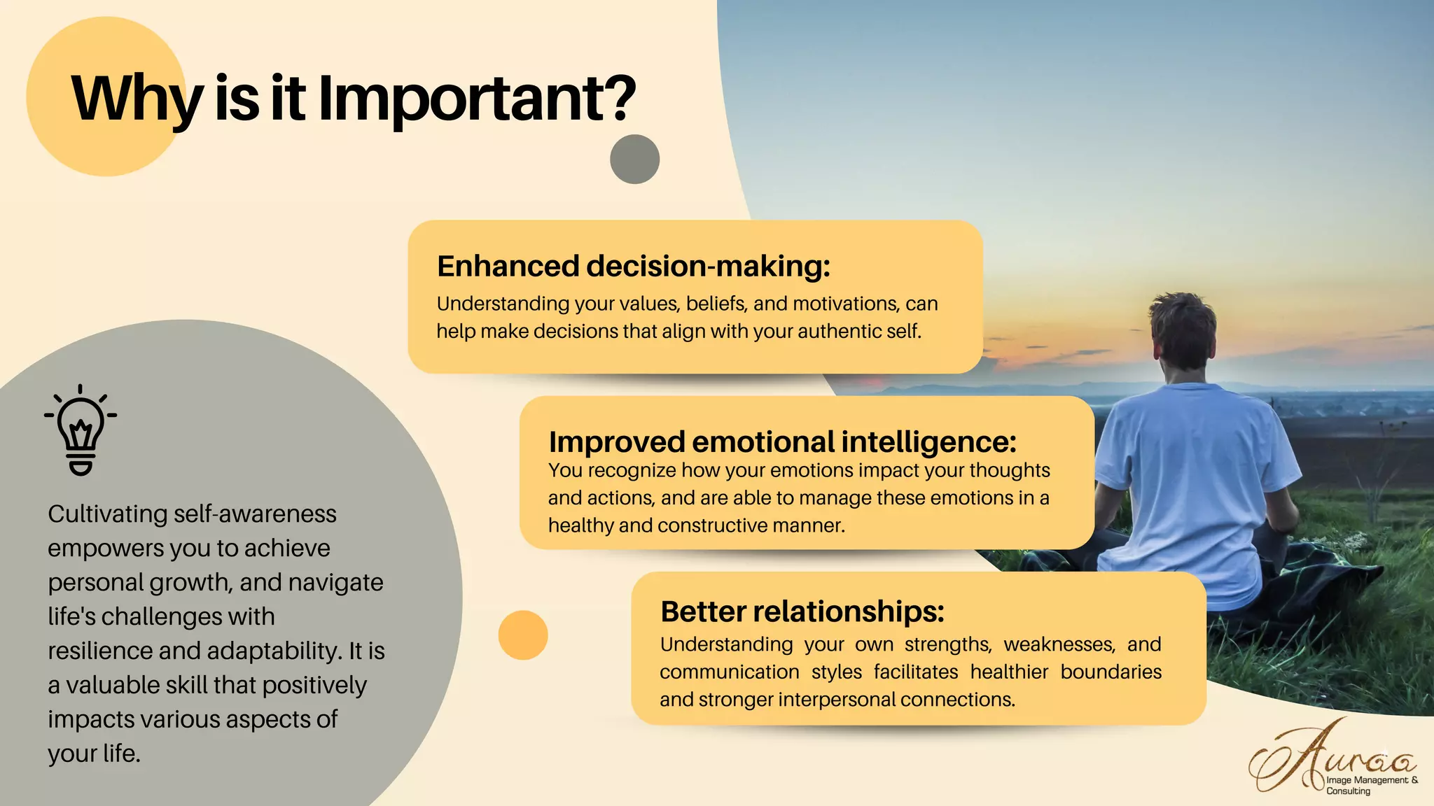 Better relationships:
Understanding your own strengths, weaknesses, and
communication styles facilitates healthier boundaries
and stronger interpersonal connections.
Improved emotional intelligence:
You recognize how your emotions impact your thoughts
and actions, and are able to manage these emotions in a
healthy and constructive manner.
Enhanced decision-making:
Understanding your values, beliefs, and motivations, can
help make decisions that align with your authentic self.
Cultivating self-awareness
empowers you to achieve
personal growth, and navigate
life's challenges with
resilience and adaptability. It is
a valuable skill that positively
impacts various aspects of
your life.
WhyisitImportant?
 