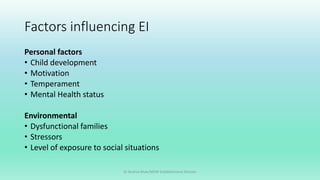 Factors influencing EI
Personal factors
• Child development
• Motivation
• Temperament
• Mental Health status
Environmental
• Dysfunctional families
• Stressors
• Level of exposure to social situations
Dr Bushra Khan/MSW-Establishment Division
 