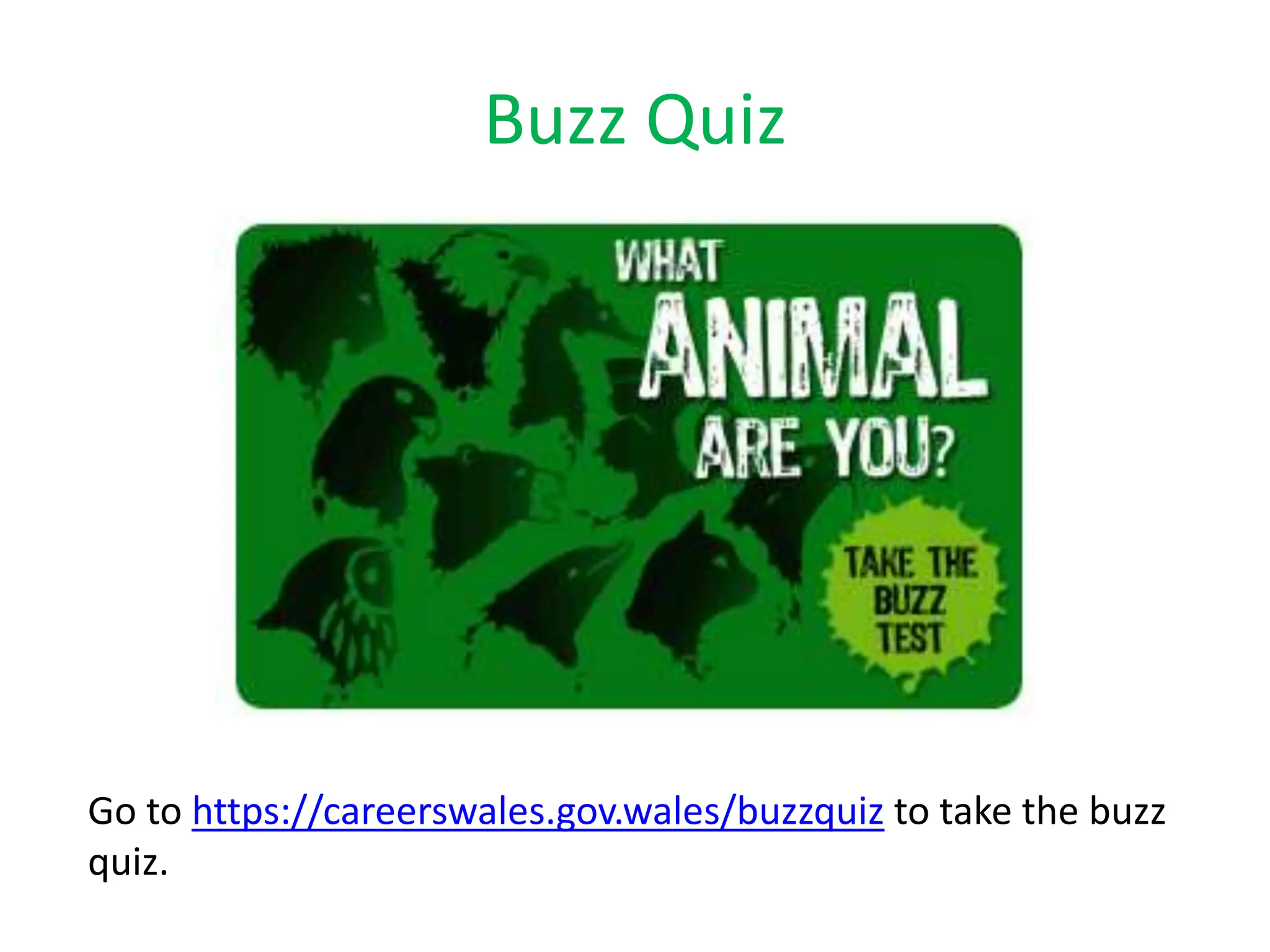 Buzz Quiz
Go to https://careerswales.gov.wales/buzzquiz to take the buzz
quiz.