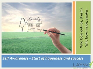 Who 
looks 
outside, 
dreams. 
Who 
looks 
inside, 
awakes. 
Self 
Awareness 
-­‐ 
Start 
of 
happiness 
and 
success 
 