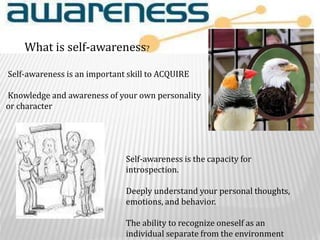 Self-awareness is an important skill to ACQUIRE
Knowledge and awareness of your own personality
or character
What is self-awareness?
Self-awareness is the capacity for
introspection.
Deeply understand your personal thoughts,
emotions, and behavior.
The ability to recognize oneself as an
individual separate from the environment
 