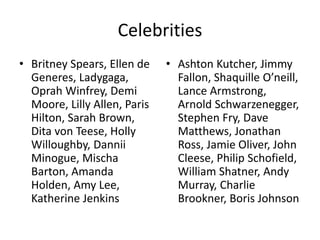 Celebrities
• Britney Spears, Ellen de
Generes, Ladygaga,
Oprah Winfrey, Demi
Moore, Lilly Allen, Paris
Hilton, Sarah Brown,
Dita von Teese, Holly
Willoughby, Dannii
Minogue, Mischa
Barton, Amanda
Holden, Amy Lee,
Katherine Jenkins
• Ashton Kutcher, Jimmy
Fallon, Shaquille O’neill,
Lance Armstrong,
Arnold Schwarzenegger,
Stephen Fry, Dave
Matthews, Jonathan
Ross, Jamie Oliver, John
Cleese, Philip Schofield,
William Shatner, Andy
Murray, Charlie
Brookner, Boris Johnson
 