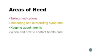 Taking medications 
Monitoring and interpreting symptoms 
Keeping appointments 
When and how to contact health care 
 