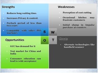 Strengths
• Reduces long waiting time.
• Increases Privacy & control.
• Payback period of less than
two years
• Compatible with other POS
machines
Opportunities
• GCC has demand for it
• Test market for China and
India
• Consumer education can
lead to wide acceptance
Threats
• Alternate technologies like
handheld scanner
Weaknesses
• Perception of cost cutting
• Occasional hitches may
frustrate customers
• Initial slump in Impulse
purchase at counters
S W
TO
 