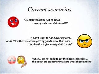 Current scenarios
“10 minutes in line just to buy a
can of soda …Its ridiculous!!!”
“I don’t want to hand over my card...
and I think the cashier swiped my goods more than once…
also he didn’t give me right discounts”
“Ohhh…I am not going to buy them (personal goods)…
the lady at the counter smirks at me when she sees them”
 