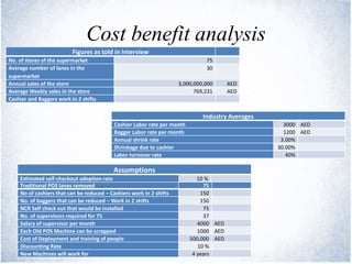 Cost benefit analysis
Figures as told in Interview
No. of stores of the supermarket 75
Average number of lanes in the
supermarket
30
Annual sales of the store 3,000,000,000 AED
Average Weekly sales in the store 769,231 AED
Cashier and Baggers work in 2 shifts
Industry Averages
Cashier Labor rate per month 3000 AED
Bagger Labor rate per month 1200 AED
Annual shrink rate 3.00%
Shrinkage due to cashier 30.00%
Labor turnover rate 40%
Traditional POS lanes removed 75
No of cashiers that can be reduced – Cashiers work in 2 shifts 150
No. of baggers that can be reduced – Work in 2 shifts 150
NCR Self check out that would be installed 75
No. of supervisors required for 75 37
Salary of supervisor per month 4000 AED
Each Old POS Machine can be scrapped 1000 AED
Cost of Deployment and training of people 500,000 AED
Discounting Rate 10 %
New Machines will work for 4 years
Assumptions
Estimated self-checkout adoption rate 10 %
 