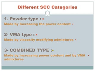 Different SCC Categories
1- Powder type :
Made by Increasing the power content
2- VMA type :
Made by viscosity modifying admixtures
•3- COMBINED TYPE :
Made by increasing power content and by VMA
admixtures
 