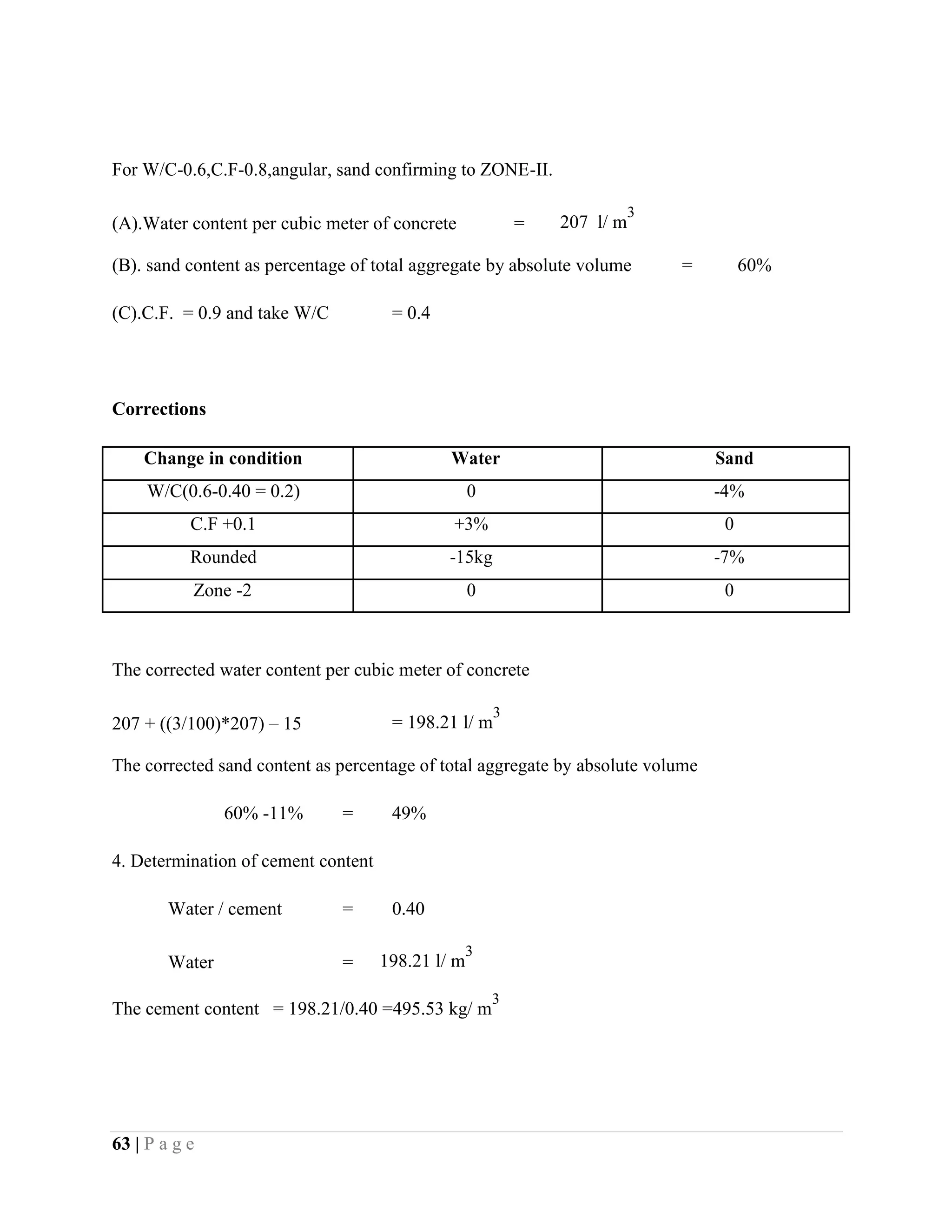 For W/C-0.6,C.F-0.8,angular, sand confirming to ZONE-II.
(A).Water content per cubic meter of concrete = 207 l/ m
3
(B). sand content as percentage of total aggregate by absolute volume = 60%
(C).C.F. = 0.9 and take W/C = 0.4
Corrections
Change in condition Water Sand
W/C(0.6-0.40 = 0.2) 0 -4%
C.F +0.1 +3% 0
Rounded -15kg -7%
Zone -2 0 0
The corrected water content per cubic meter of concrete
207 + ((3/100)*207) – 15 = 198.21 l/ m
3
The corrected sand content as percentage of total aggregate by absolute volume
60% -11% = 49%
4. Determination of cement content
Water / cement = 0.40
Water = 198.21 l/ m
3
The cement content = 198.21/0.40 =495.53 kg/ m
3
63 | P a g e
 